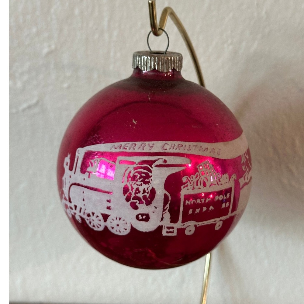 Vintage Shiny Brite Pink Santa Train Stencil Glass Christmas Ornament 3 inch